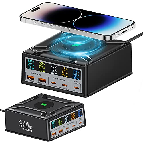 260W USB-C-Ladegerät, LED-Anzeige 5-Ports PD 140W PPS 45W QC22,5W Kabelloses Laden 15W 6-in-1-GaN-Ladeadapter für superschnelles Laden für MacBook Pro/Air iPad Pro iPhone Samsung Galaxy