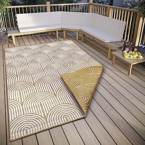 Hanse Home Pangli Outdoor Teppich Wetterfest – Wendeteppich Skandinavischer Boho Style Wasserfest Einfarbig Geometrisch 3D-Effekt für Garten, Balkon, Terrasse, Wohnzimmer – Ocker, 240x330cm