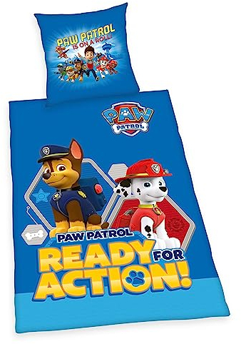 Herding Bettwäsche-Set, Paw Patrol, Kopfkissenbezug 80 x 80 cm mit Knöpfen und Wende-Motiv, Bettbezug 135 x 200 cm, Mit Knopfverschluss, 100% Baumwolle/Linon