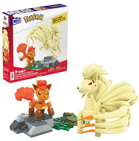 MEGA Pokémon Vulpix Evolutionsset - 145-teiliges Bauset mit Vulpix und Vulnona, Graslandschaft für dynamische Ausstellmöglichkeiten, bewegliche Schwänze, für Kinder ab 8 Jahren, HTH79