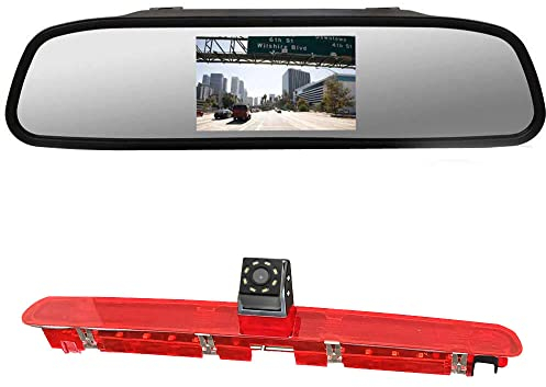 4.3'' Rückspiegel Monitor + 8 LEDs Nacht Visionen HD Farbe Bremsleuchte Rückfahrkamera Ersatz für VW Caddy 2019 2K5945087D VW T6 Heckklappe Hochdach 3.Bremslicht Transporter Business MPV SUV Bus