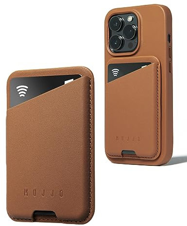 Mujjo Full Leather Magnetic Wallet for iPhone - Three-Card Easy-Access Design - Made From Luxurious Leather & Microfiber - Slim, Secure Design - Dark Tan