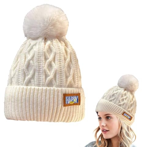 BNOYONERAS Weiße Bommelmütze Damen Winter Warme Strickmütze Mit Innenfutter Grobstrick Beanie Wintermütze Weihnachten Geschenk
