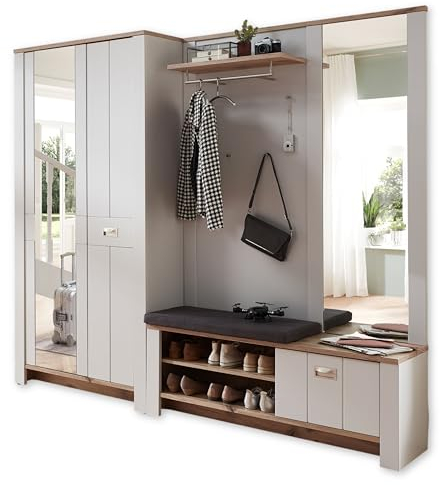 Stella Trading Dijon Flurgarderoben Set in Ashgrey, Viking Oak Optik - Modernes Garderobenset 3-teilig für Ihren Eingangsbereich - 228 x 201 x 38 cm (B/H/T)