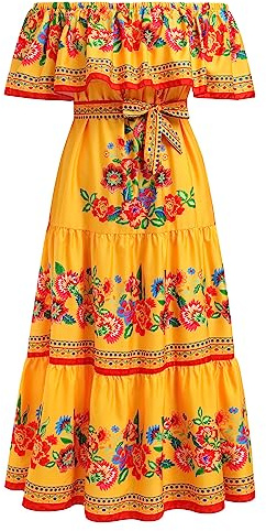 Women Mexican Dress Off Shoulder Floral Long Maxi Dress Summer Beach Party Cinco de Mayo Dresses Yellow XL