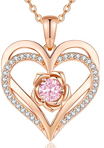 CDE Kette Damen Rosegold Herz Halskette Sterling Silber 925 Geburtsstein Halsketten für Frauen mit Anhänger Schmuck Valentinstag Geschenke für Sie Muttertag Geburtstag Weihnachten für Frauen Mama