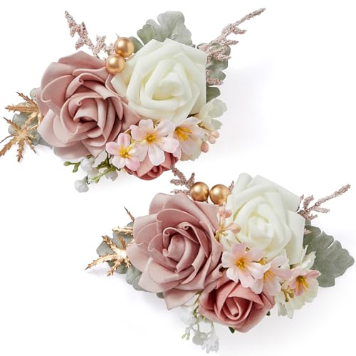 Serwalin Ansteckblume für Hochzeit, Boutonniere für Herren, Bräutigam und Trauzeugen, 15,2 - 17,8 cm, Altrosa, 2 Stück