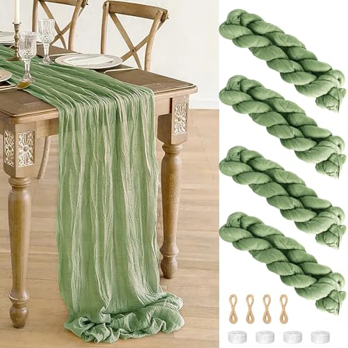 Tischläufer Salbeigrün, 4 Stück Tischläufer Eukalyptus Grün, 90 x 400 cm Lang, Rustikaler Gaze Stoff Table Runner, Käsetuch Tischläufer für Boho, Rustikal, Hochzeit, Babyparty Tischdekoration