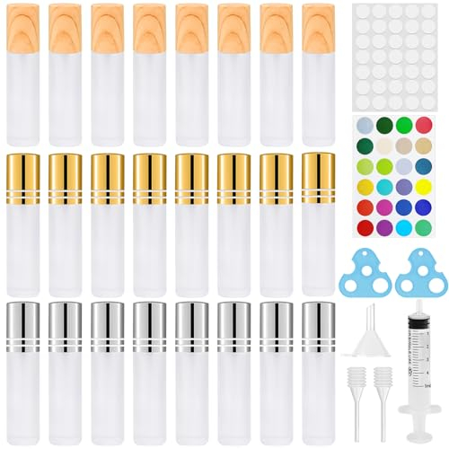 Bohoray Roll on Glasflaschen für Ätherisches Öl, 24pcs Roll on Flasche Leer 10ml, 3 Arten von Deckeln Rollon Flaschen für Öle, Roll on Ätherische Öle mit Edelstahl Roller Bällen für Parfüm, Massage