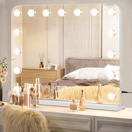 VOWNER Hollywood Miroir Maquillage Lumineux, Miroir LED 15 Lumières Dimmables avec 3 Températures de Couleur, Contrôle Tactile, avec Sortie USB, pour Chambre à Coucher, Coiffeuse, 58X46cm, Blanc