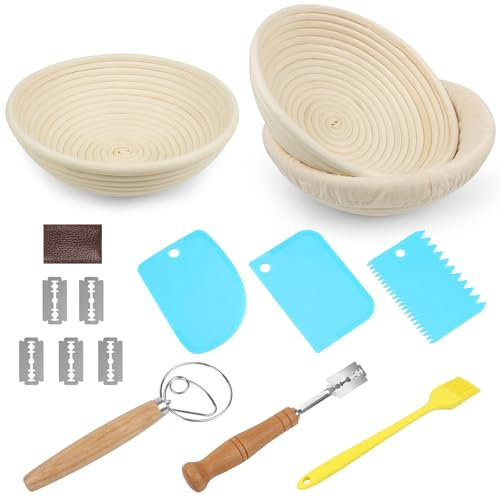 YiYa 2 Piezas Cesta de Fermentación de Pan Banetones para Pan Cesta de Fermentación Redonda Incluyendo Forro de Lino,Cepillos, Rascador de Plástico, Batidor de Masa,Cuchillo de Panadero