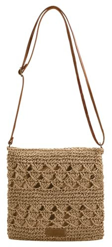 Bototack Summer Straw Bag for Women, Small Beach Crossbody Bag with Zipper and Adjustable Strap, Bohemian Weave Handmade Shoulder Handbags for Holiday Beach Travel (Khaki)