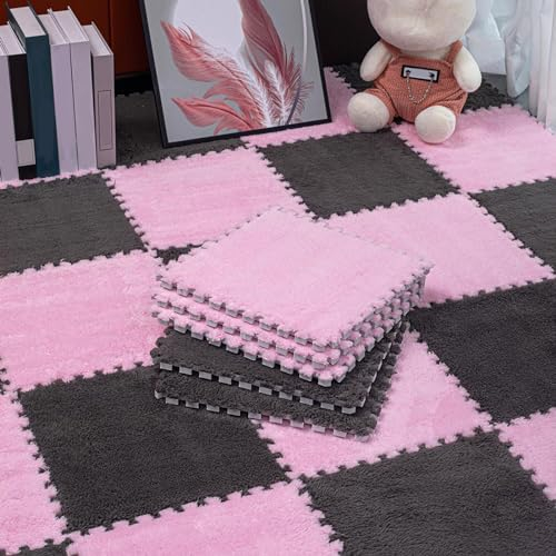 16-teilige Puzzle-Spielmatten, Ineinandergreifende Teppichfliesen Mit Rand, Puzzle-Plüschschaum-Bodenmatte, Für Wohnzimmer, 1 X 1 Fuß(Size:0.23 inch,Color:Grau+Rosa)