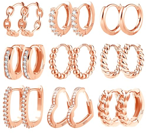 Roségold Creolen Kleine Ohrringe Set Damen, ALEXCRAFT 9 Paar Multipack Roségold Ohrringe Kleine Creolen für Mehrere Ohrlöcher, Kleine Creolen Eckig Herz Knorpel Huggie Kreolen Piercing Ohrringe Set