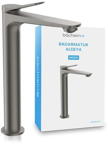 Bächlein Badarmatur Aldeya hoch in modernem Design, extra hoher Einhebelmischer für Aufsatzwaschbecken mit Montage-Set, Bad Wasserhahn Anthrazit