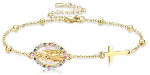 URONE Armband mit der Jungfrau Maria aus Sterlingsilber 18 Karat Gelbgold Plattiert mit Rosenkranzperlen und Kreuzanhänger Armband mit Virgen de Guadalupe Christlicher Schmuck für Damen