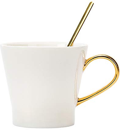 DOLPTBEZM Coffee s Feine weiße Porzellantasse, Kaffeetassen mit goldenen Löffeln, 11,8 oz, chinesische Teetasse für Kaffeespezialitäten, Latte, Café, Mokka und