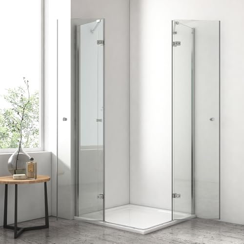 EMKE Duschkabine 80 x 80 x 185 cm Pendeltür mit Seitenwand, Duschabtrennung Duschtür Falttür Faltbar Drehfalttür Duschkabinen, 5mm Duschwand Glas Fertigdusche Komplettdusche