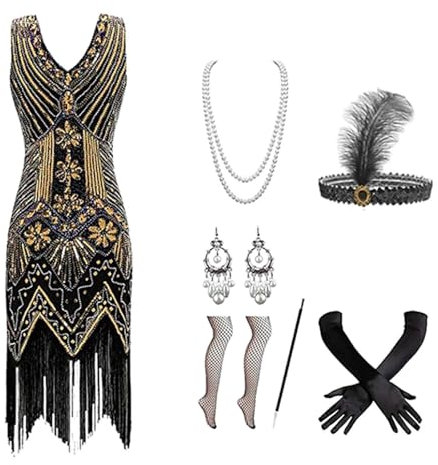 Generisch 1920er Jahre Pailletten Perlen Flapper Gatsby Kleid mit 20er Accessoires Set Roaring 20s Kostüme Stirnband Halskette Handschuhe für Frauen