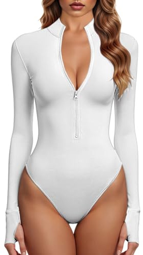 GJY Bodys Für Damen Ein Stück Zip Front Langarm Oberteile Jumpsuits