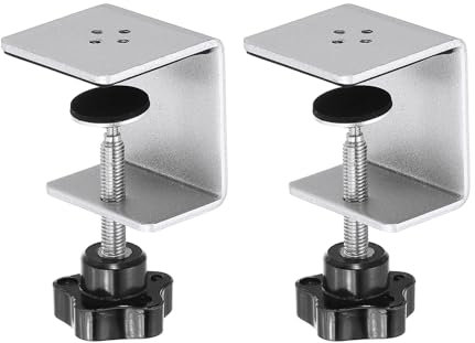 PATIKIL C Clamps, 2 Pcs Heavy Duty Metal Black Desk Clamp Adjustable Mounting Table Clamp with Protective Pad for Fixing Acrylic Glass Wood Sheets, Silver Tone