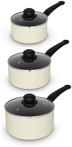 Swan SWPS5023CRM Townhouse 3 Piece Saucepan Set with 16/18/20cm saucepans with Glass Lids, Bakelite Handles, Suitable for All Hob Types (excluding induction), Oven Safe, Cream