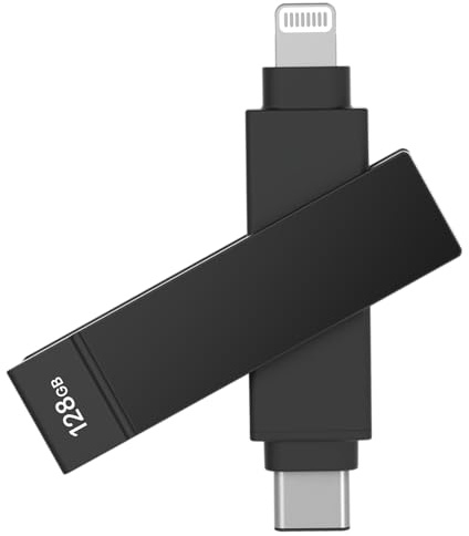 PioData iXflash iPhone Flash Drive: 128GB Apple MFi Certified, Lightning & USB C Memory Stick Black 2-in-1 for Phone, iPad & Computer - Photo, Video & Backup Photo Stick with Free APP
