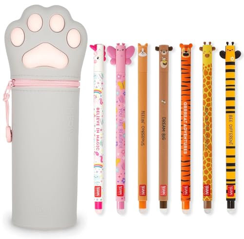 LEGAMI - Set of 7 Erasable Gel Pens + 2-in-1 Pencil Case Pen Pot - with Thermosensitive Erase Ink, Range of ink colours & barrel designs, 0.7mm Tip (Kitty)