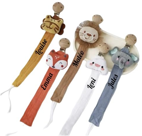 attache tétine personnalisé prénom fille garçon- en gaze de coton bio-attache en bois avec animaux - doudou éléphant nuage lion tigre écureuil