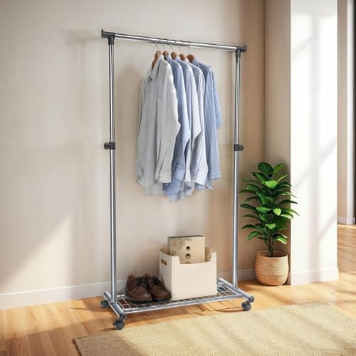 IDIMEX Garderobenwagen Orla mit Schuhablage, Chrom/grau – mobiler Kleiderständer mit Rollen, Rollgarderobe für Flur oder Schlafzimmer mit Ablage für 3 Paar Schuhe aus Metall