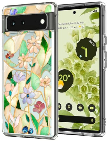 Unov Hülle für Pixel 6 Kristallklare Handyhülle, Stoßfest Schlanke Dünn Griff, Klar mit Geprägtem Muster, UV-Schutz, Kompatibel mit kabellosem Laden, Weiche TPU, Glasmalerei Blumen