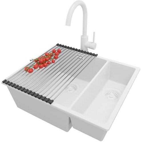 PRIMAGRAN Fregadero Granito Todo Blanco 56x47cm, Cocina 1,5 Senos + Grifo 32x20cm + Sifón + Enrollable Escurridor, Sobre encimera al mueble 60cm - London Slim Duo