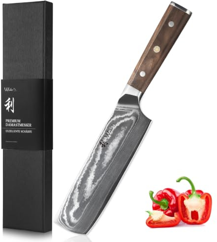 Wakoli Damast Nakiri Messer 18 cm, Gemüsemesser, 67 Lagen Damaststahl | VG10 Kern, Full Tang, Walnussholzgriff, 15° V-Schliff beidseitig, 60 ± 2 HRC, passgenaue Geschenkbox für sichere Aufbewahrung