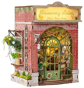 【Ausverkauf】 DIY Book Nook Kit with LED Lights, 3D Wooden Puzzles and Bookends, Movable and Rotating Parts, Adult Gift Idea Bookshelf Decoration Set (Flowering Workshop)