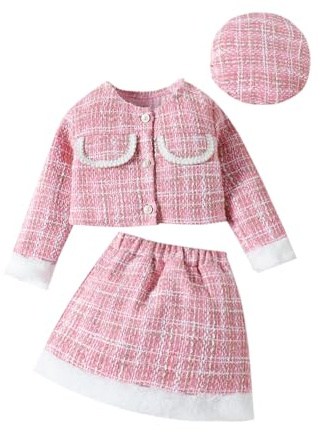 UUAISSO Ensemble vêtements D'automne pour Bébé Fille Haut à Carreaux en Tweed Jupe à Carreaux Béret Tenues Pour Bébé Rose 4-5 ans