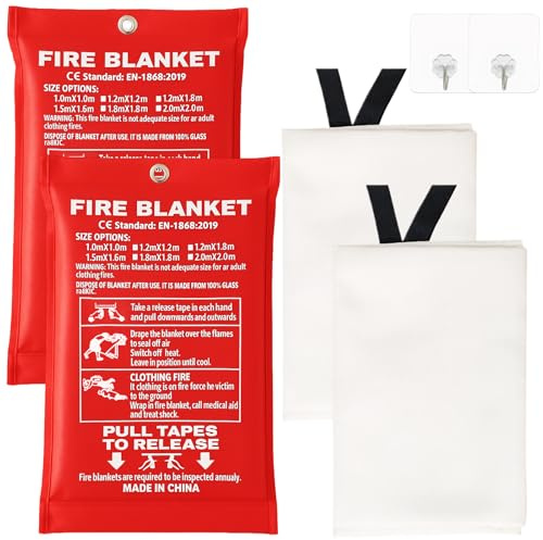 Löschdecke Küche,Feuerlöschdecke Löschdecke,1m x 1m,Feuerdecke Fettbrände | Glasfaser Brandschutzdecke für Fettbrände, Auto, Küche, Schule, Kamin, Grill, Büro, Garage Werkstatt,2 Stück