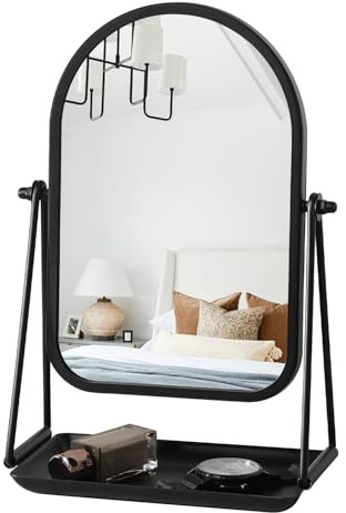 Gosider Vanity Mirror Small Arch Makeup Mirror with Storage Black | Free Standing Mirror For Dressing Table, Iron Frame, 360 Degree Swivel, For Bathroom Bedroom Dorm