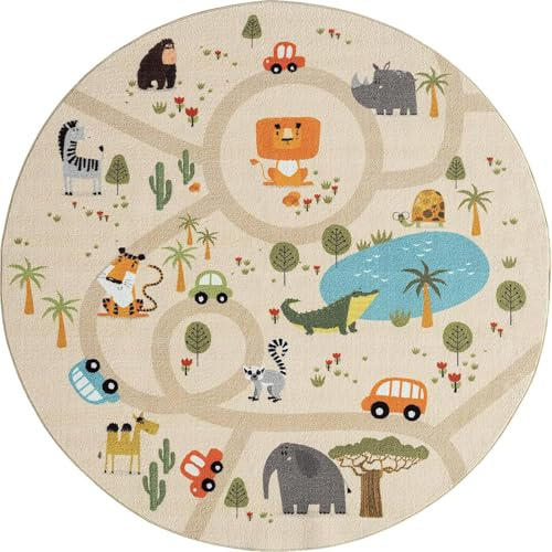 Mia´s Teppiche Joy Kids - Kinderzimmer, Kinderteppich, Spielteppich, Straßenteppich, Dschungel, Straße, Tiere, Beige, 200 cm Rund