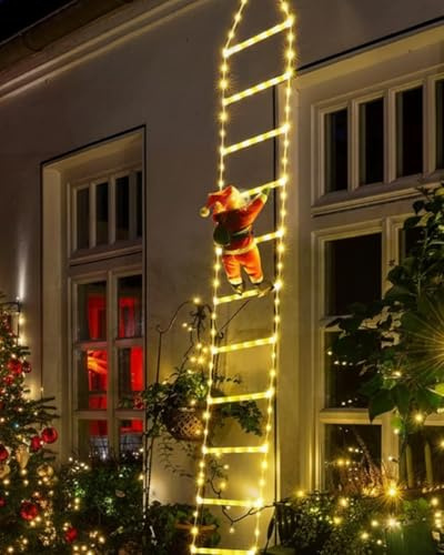 EcoNour Weihnachtsleiter-Lichter mit Weihnachtsmann – 200 LED Lichter, 8 Lichtmodi, Timer- und Speicherfunktion, Netzbetrieben, Weihnachtsdekoration für Innen & Außen, Garten, Baum (Warmweiß)