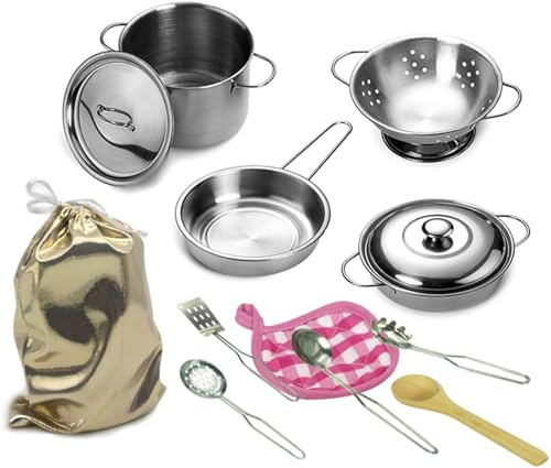 Juego de 12 ollas y sartenes para niños, ollas y sartenes de Acero Inoxidable, Utensilios de Cocina con Bolsa de Almacenamiento