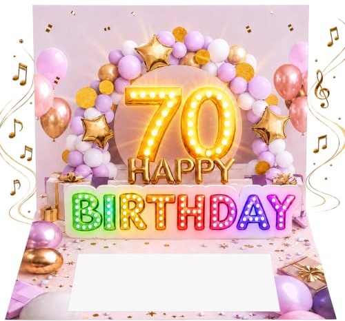 Joli Coon Geburtstagskarte 70 mit Musik und Licht, 20 x 15 cm | Pop-up-Mechanismus, Fächer für Geldscheine, Goldveredelung, passendes Kuvert, Siegelsticker, zum 70. Geburtstag