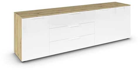Rauch Möbel Flipp, Kommode, Farbe Glas Weiß/Eiche Artisan, Breite 199 cm | Sideboard, 3-türig, 3 Schubladen, Glasfront, Soft-Close-Funktion, für Schlafzimmer, Gästezimmer, Wohnzimmer, Garderobe, Flur