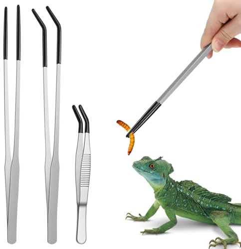 SHENLIU 3 Stück Aquarium Pinzette Lang Edelstahl Futterpinzette 27 cm | Futterzange mit Kurze Futterpinzette Gummispitze Gerade Pinzette und Gebogene Pinzettes Set für Reptilien Wasserpflanze