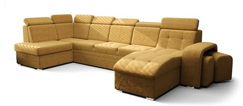 O-Sofa Wohnlandschaft Kongo RBN13, Eckcouch in U-Form mit Schlaffunktion, Farbe: Gelb, Velourstoff, Ottomane Rechts