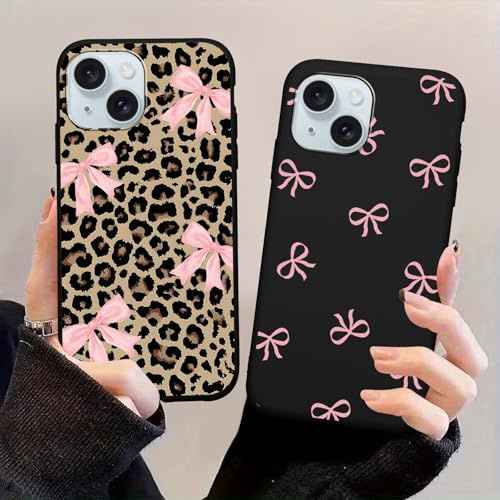 Yoedge 2 Pack Stylish Pink Bow Leopard Phone Case for Apple iPhone 15 6.1,Cartoon Leopard Print Aesthetic Cases Design Pattern Cases for Girls Women Boys,Soft Silicone TPU Protective Cover Funda
