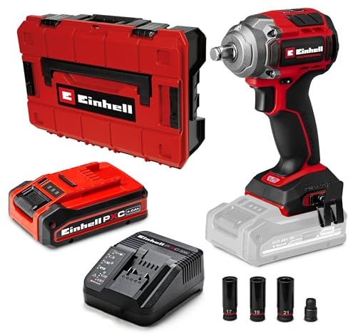 Einhell Professional Akku-Schlagschrauber TP-CW 18/350-C Li BL Kit PXC (18 V, 350 Nm Drehmoment, 600 Nm, Brushless, Außenvierkant-Aufnahme, inkl. 4,0 Ah PLUS Akku, Ladegerät, E-Case S-F & Nuss-Set)