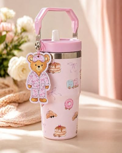 Lamai Beauty Bear Bakery Cute Teddy Bear Insulated Tumbler with Handle, Stainless Steel, 700ml, Reusable Travel Mug, Kawaii Pink