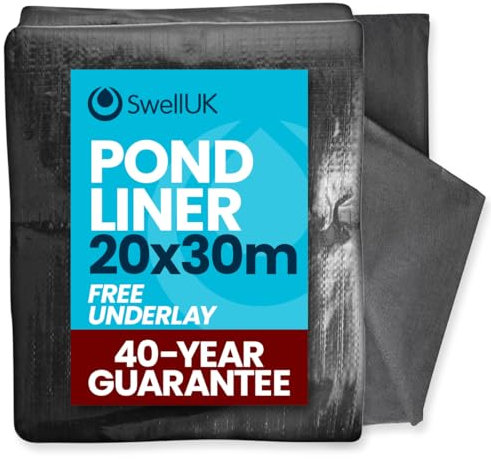 Swell UK 20 x 30m Pond Liner and Free Underlay | Ideal for Koi & Fish Pools Fountains and Streams | Flexible & Impermeable for Reinforced Durable Landscaping | Heavy Duty HDPE - 40 Year Guarantee