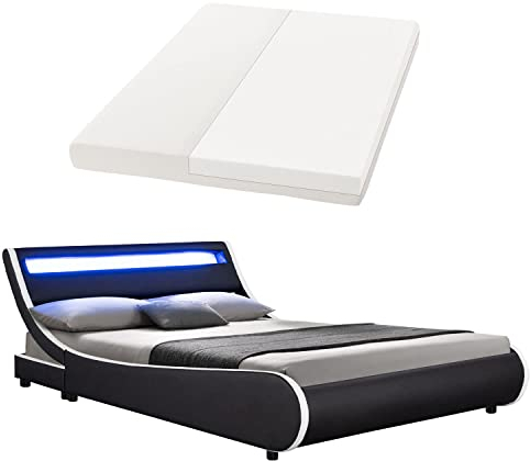 Juskys Polsterbett Valencia 140x200 cm komplett mit Matratze, LED Beleuchtung, Lattenrost & Kopfteil - Bett Jugendbett - schwarz