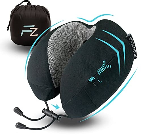 FLOWZOOM Dream Cuscino Cervicale da Viaggio in Schiuma Memory – Cuscino per Aereo e Auto, Regolabile con Lati Rialzati per Maggiore Supporto, Fodera Vellutata Lavabile e Sacchetto in Rete – Nero